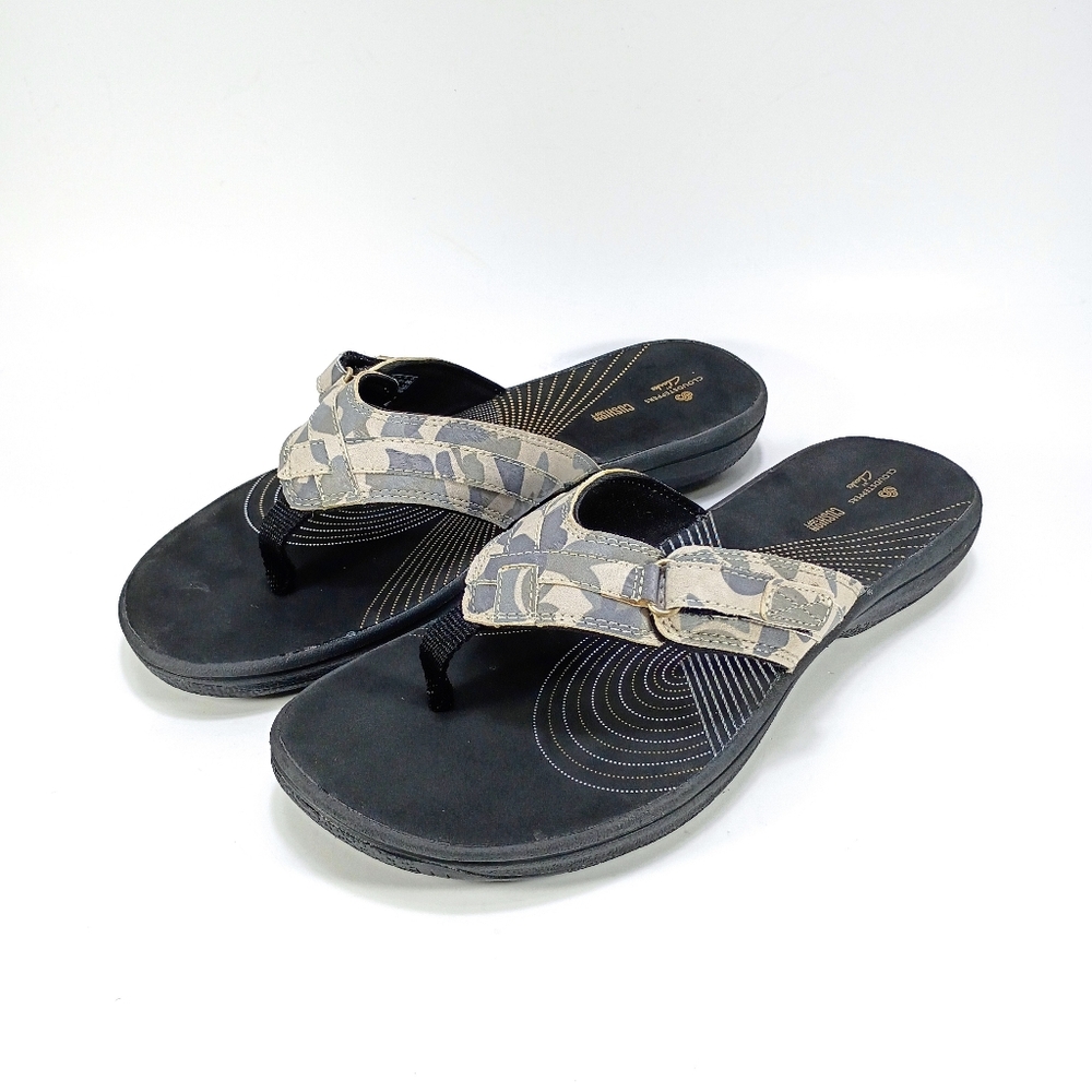 Clarks Breeze Sea Womens 10 Khaki Camouflage Slip On Toe Post Flip Flop Sandals